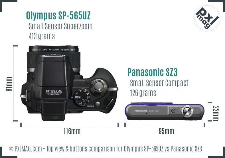 Olympus SP-565UZ vs Panasonic SZ3 top view buttons comparison