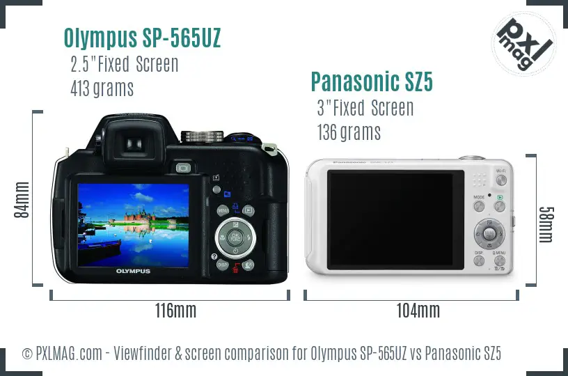 Olympus SP-565UZ vs Panasonic SZ5 Screen and Viewfinder comparison