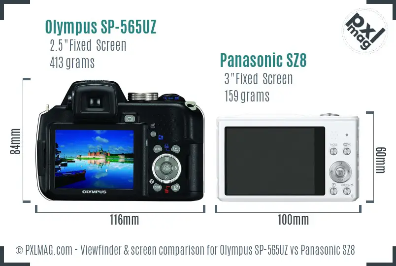 Olympus SP-565UZ vs Panasonic SZ8 Screen and Viewfinder comparison