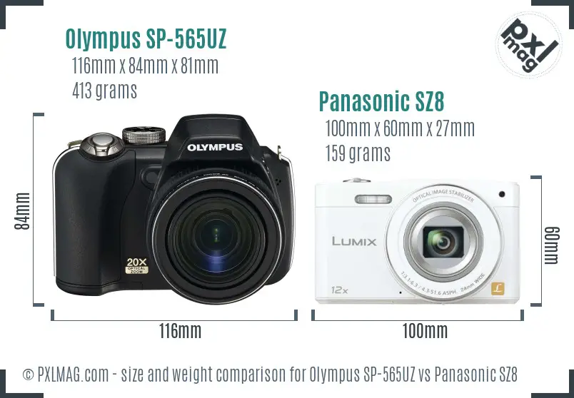 Olympus SP-565UZ vs Panasonic SZ8 size comparison