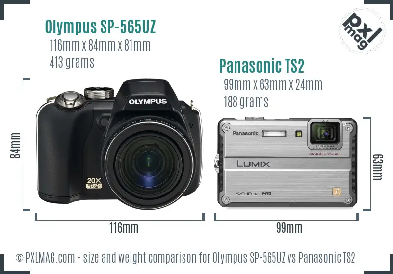Olympus SP-565UZ vs Panasonic TS2 size comparison