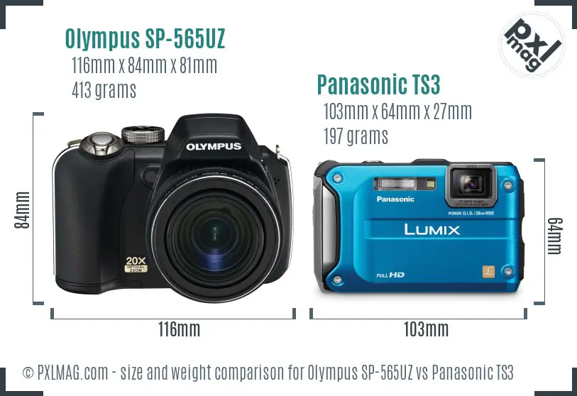 Olympus SP-565UZ vs Panasonic TS3 size comparison