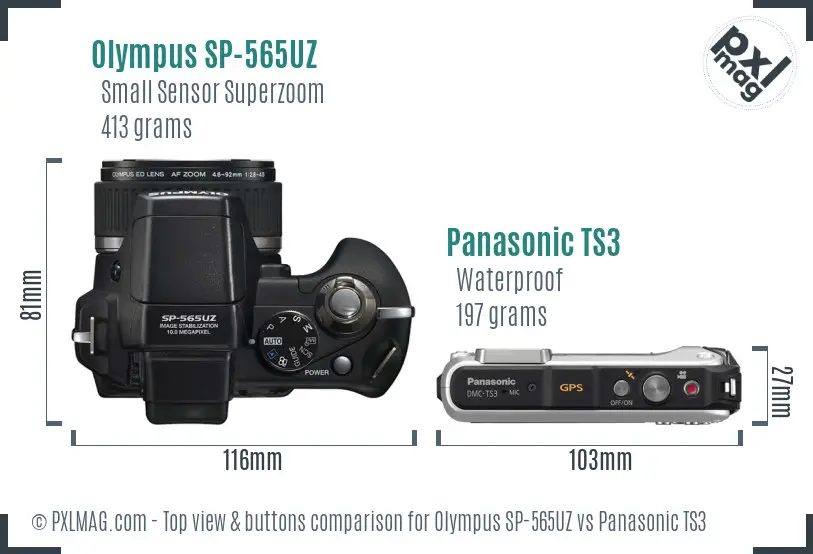 Olympus SP-565UZ vs Panasonic TS3 top view buttons comparison