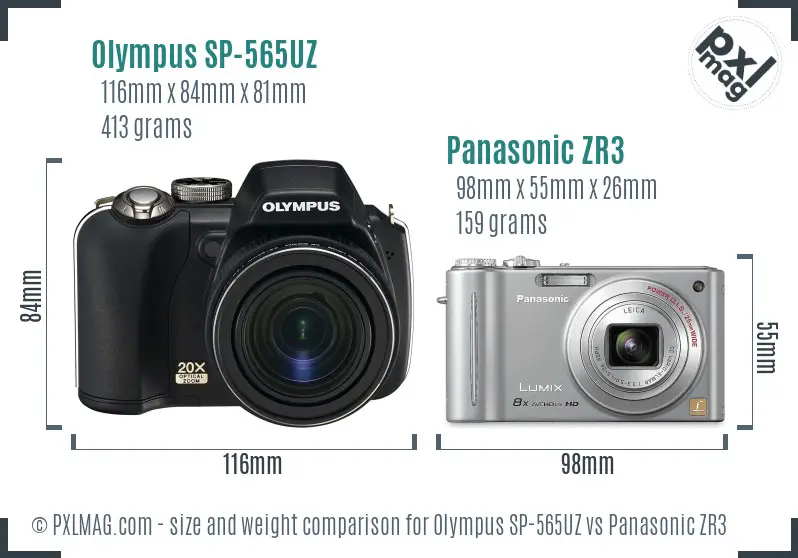 Olympus SP-565UZ vs Panasonic ZR3 size comparison