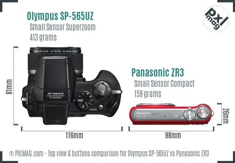 Olympus SP-565UZ vs Panasonic ZR3 top view buttons comparison
