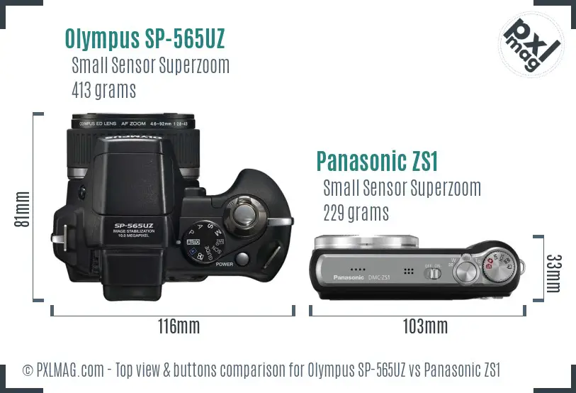 Olympus SP-565UZ vs Panasonic ZS1 top view buttons comparison
