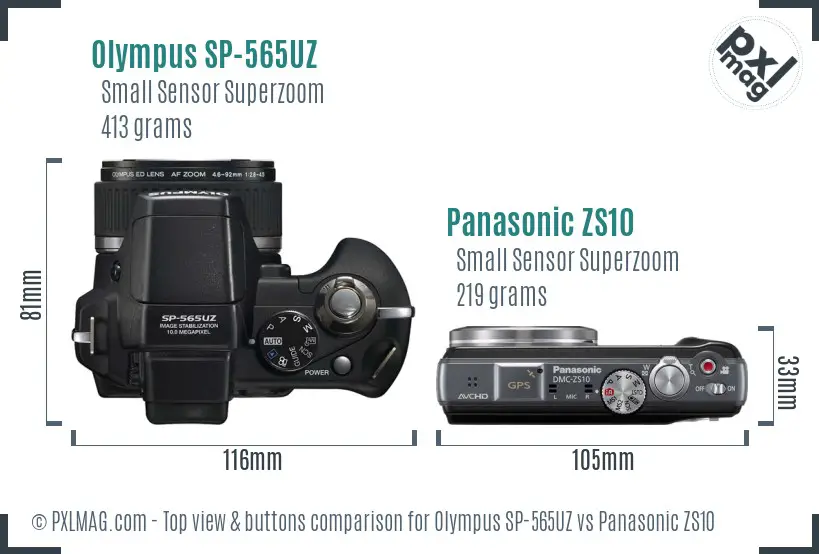 Olympus SP-565UZ vs Panasonic ZS10 top view buttons comparison