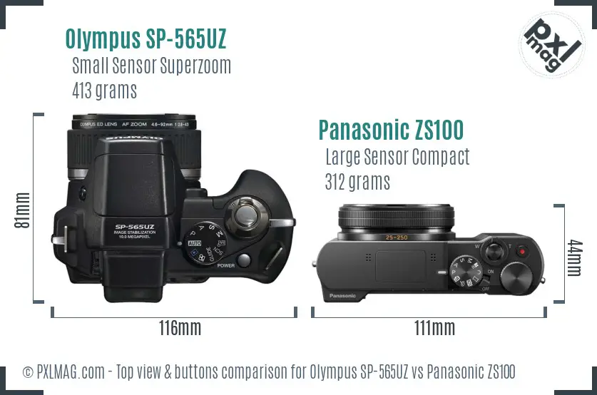 Olympus SP-565UZ vs Panasonic ZS100 top view buttons comparison