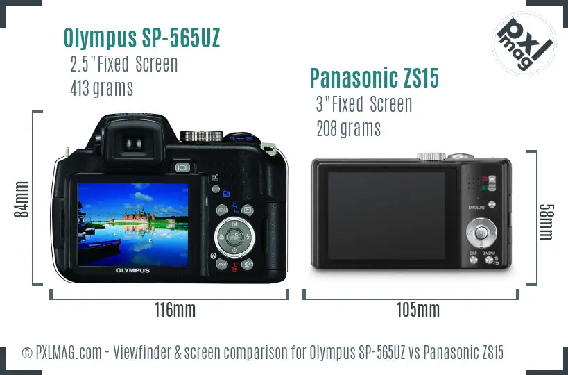 Olympus SP-565UZ vs Panasonic ZS15 Screen and Viewfinder comparison