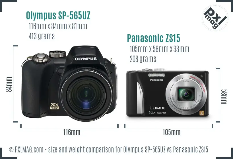 Olympus SP-565UZ vs Panasonic ZS15 size comparison
