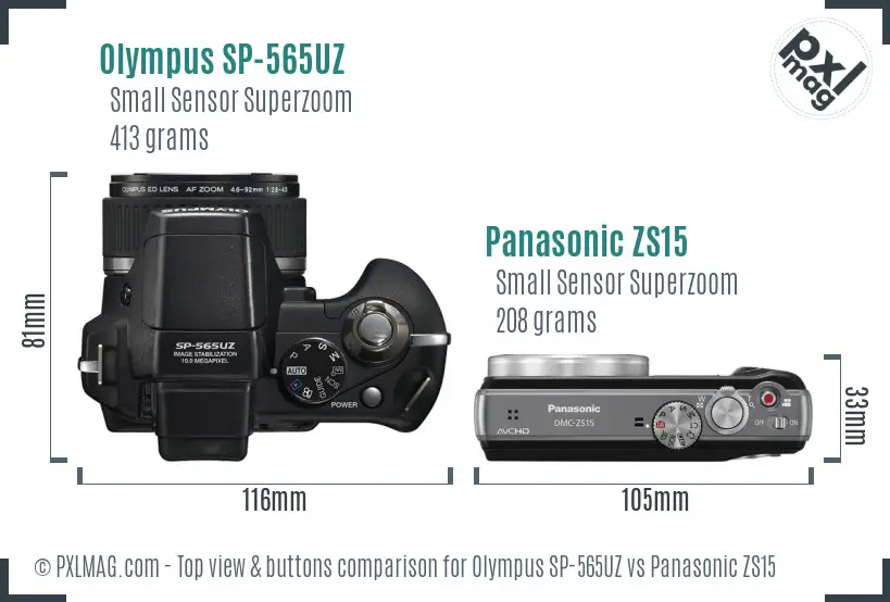 Olympus SP-565UZ vs Panasonic ZS15 top view buttons comparison