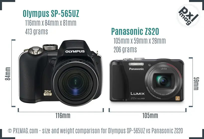 Olympus SP-565UZ vs Panasonic ZS20 size comparison