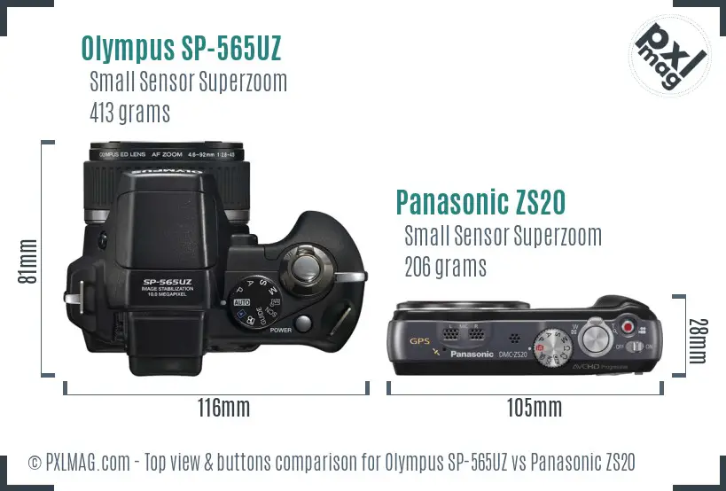 Olympus SP-565UZ vs Panasonic ZS20 top view buttons comparison