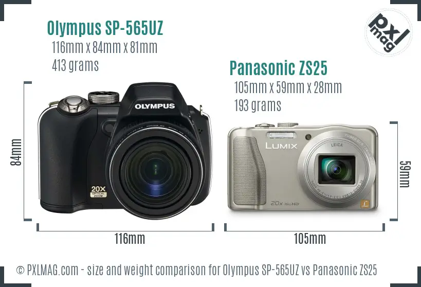 Olympus SP-565UZ vs Panasonic ZS25 size comparison