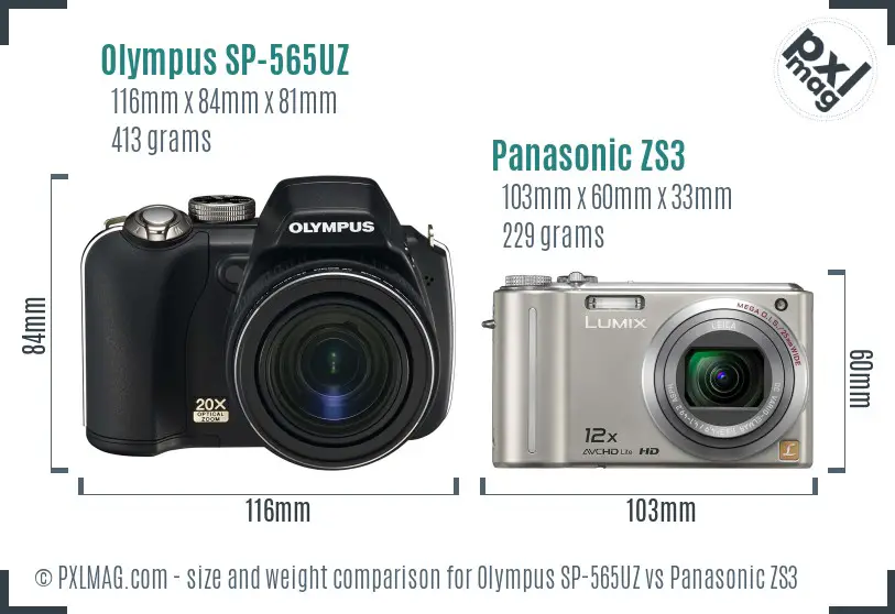 Olympus SP-565UZ vs Panasonic ZS3 size comparison