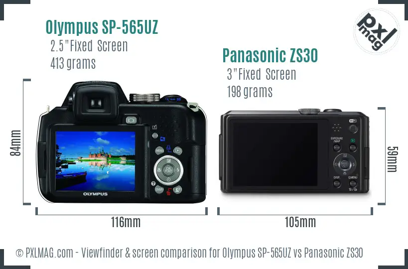 Olympus SP-565UZ vs Panasonic ZS30 Screen and Viewfinder comparison