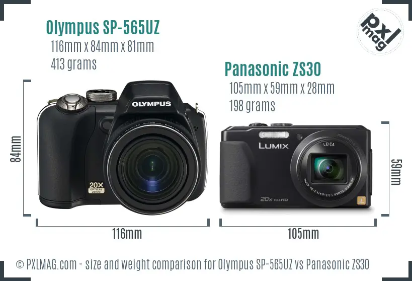 Olympus SP-565UZ vs Panasonic ZS30 size comparison