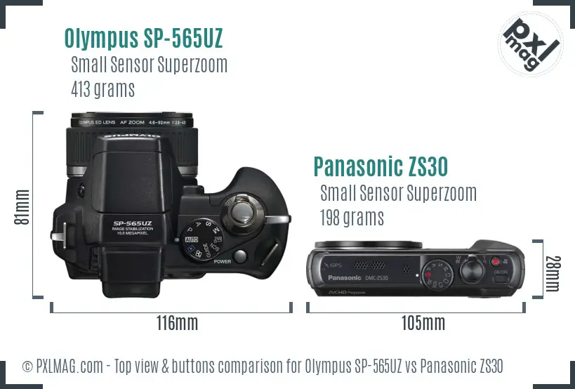 Olympus SP-565UZ vs Panasonic ZS30 top view buttons comparison