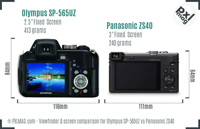 Olympus SP-565UZ vs Panasonic ZS40 Screen and Viewfinder comparison