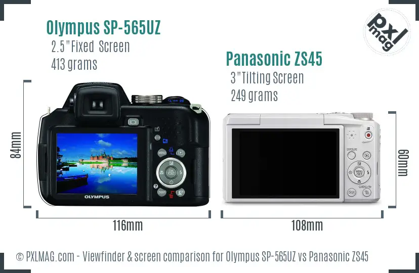 Olympus SP-565UZ vs Panasonic ZS45 Screen and Viewfinder comparison