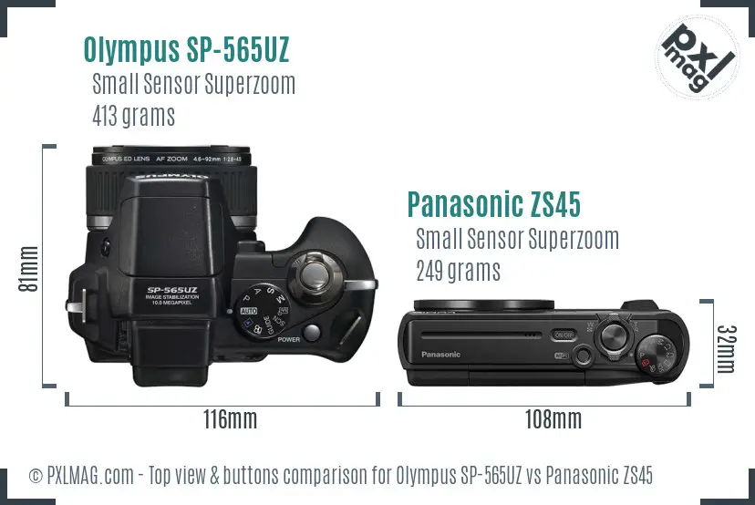 Olympus SP-565UZ vs Panasonic ZS45 top view buttons comparison