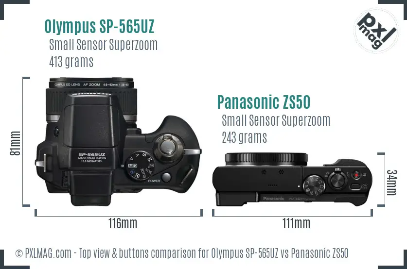 Olympus SP-565UZ vs Panasonic ZS50 top view buttons comparison