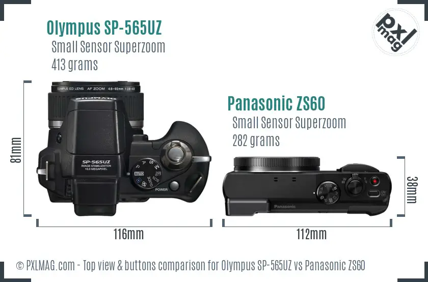 Olympus SP-565UZ vs Panasonic ZS60 top view buttons comparison