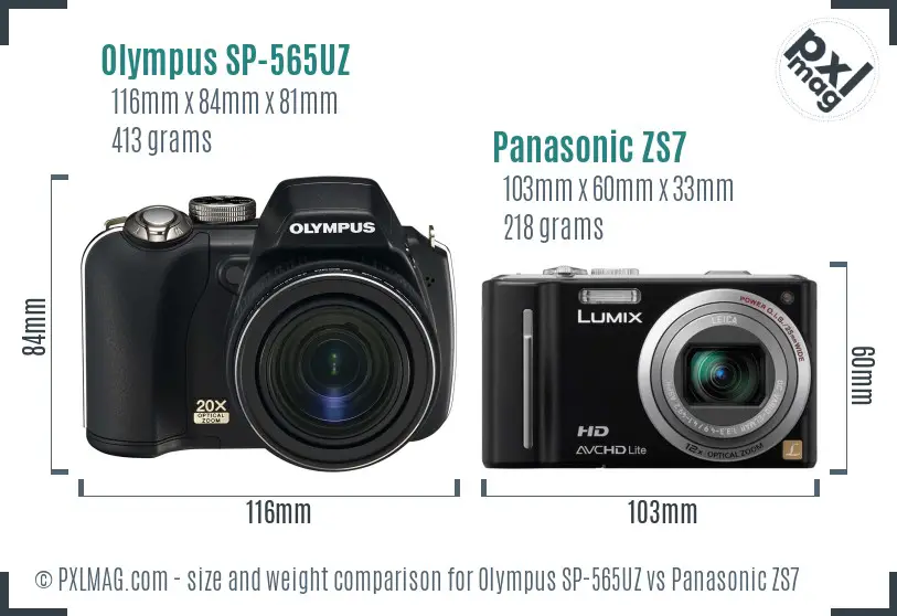 Olympus SP-565UZ vs Panasonic ZS7 size comparison