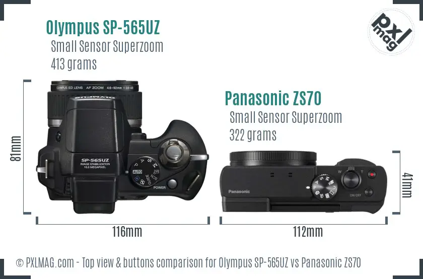 Olympus SP-565UZ vs Panasonic ZS70 top view buttons comparison