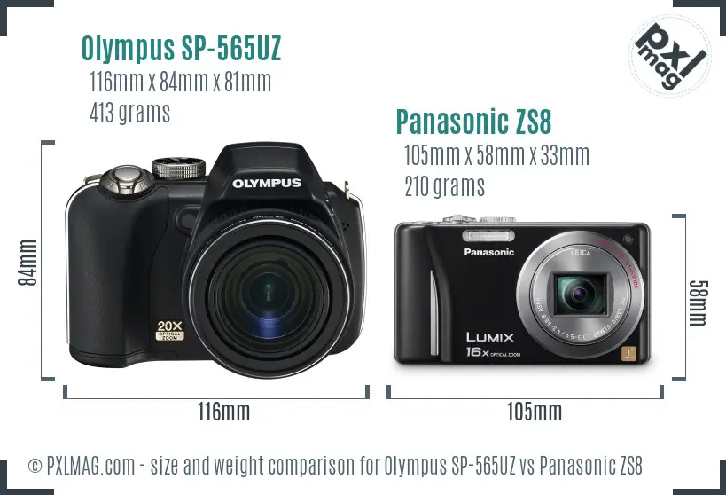 Olympus SP-565UZ vs Panasonic ZS8 size comparison