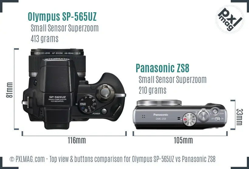Olympus SP-565UZ vs Panasonic ZS8 top view buttons comparison