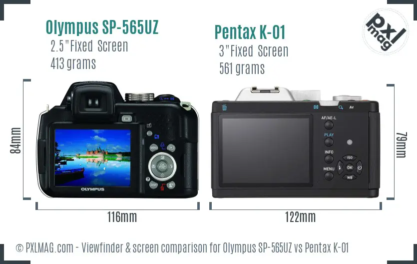 Olympus SP-565UZ vs Pentax K-01 Screen and Viewfinder comparison