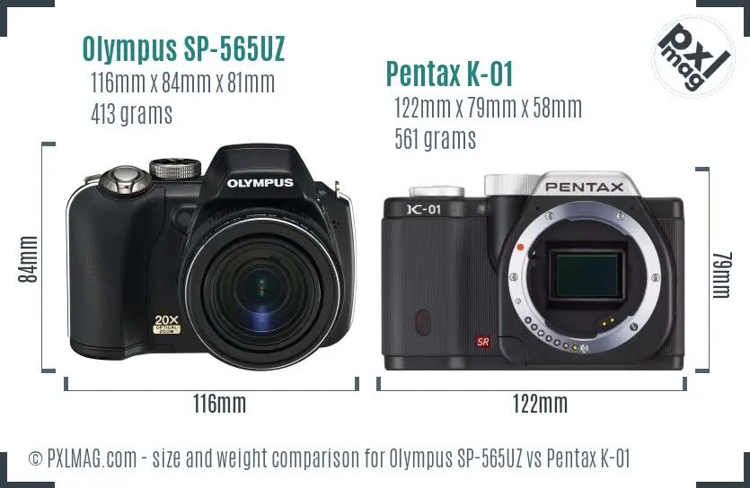 Olympus SP-565UZ vs Pentax K-01 size comparison