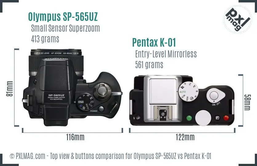 Olympus SP-565UZ vs Pentax K-01 top view buttons comparison
