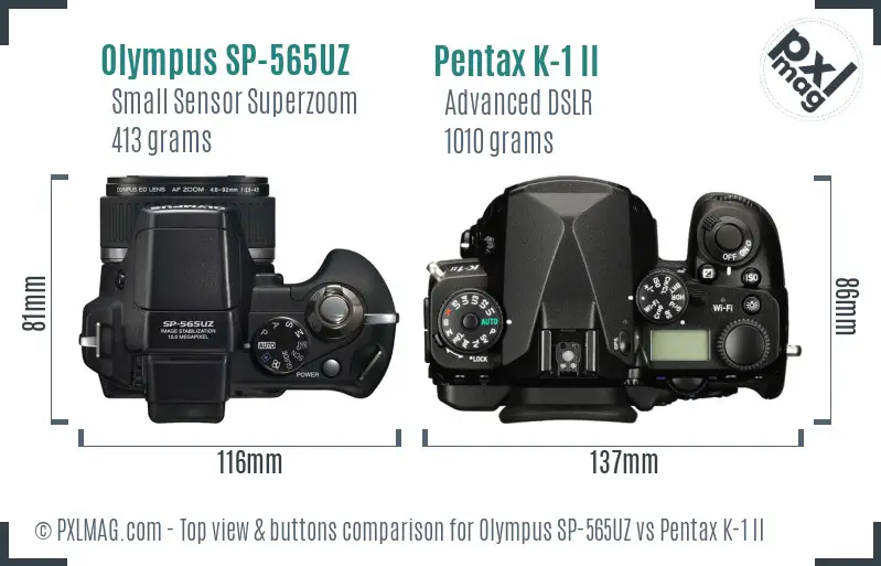 Olympus SP-565UZ vs Pentax K-1 II top view buttons comparison