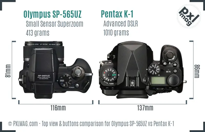 Olympus SP-565UZ vs Pentax K-1 top view buttons comparison