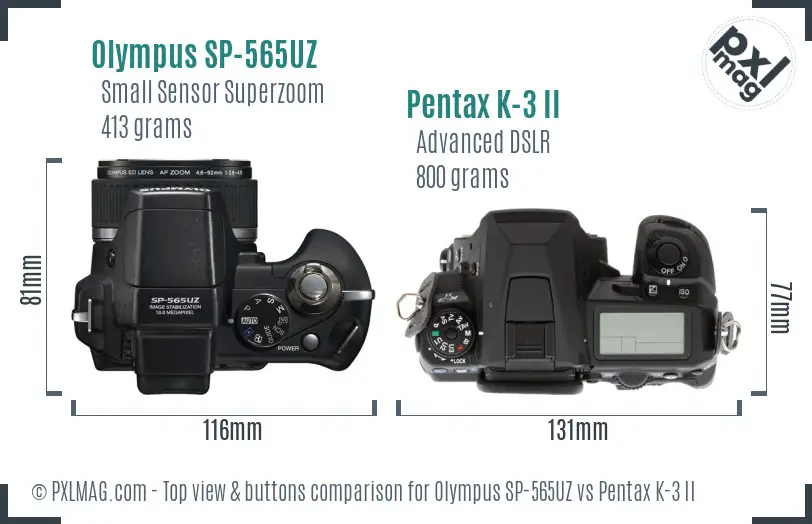Olympus SP-565UZ vs Pentax K-3 II top view buttons comparison