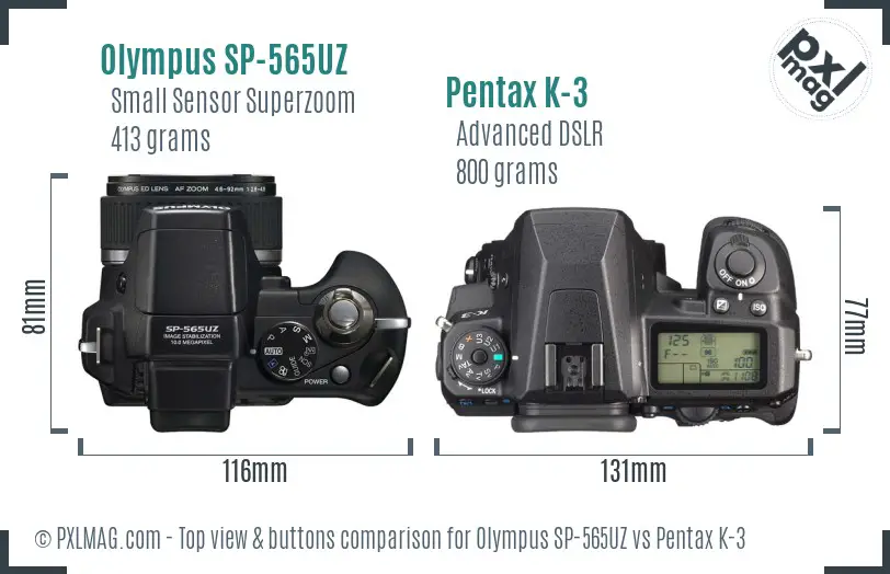 Olympus SP-565UZ vs Pentax K-3 top view buttons comparison
