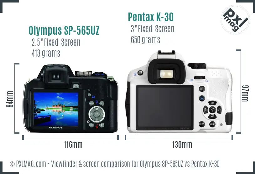 Olympus SP-565UZ vs Pentax K-30 Screen and Viewfinder comparison