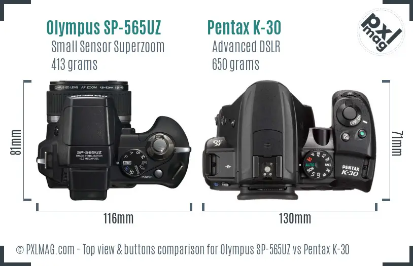 Olympus SP-565UZ vs Pentax K-30 top view buttons comparison