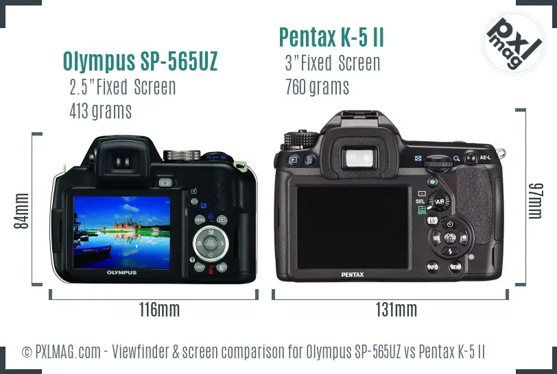 Olympus SP-565UZ vs Pentax K-5 II Screen and Viewfinder comparison