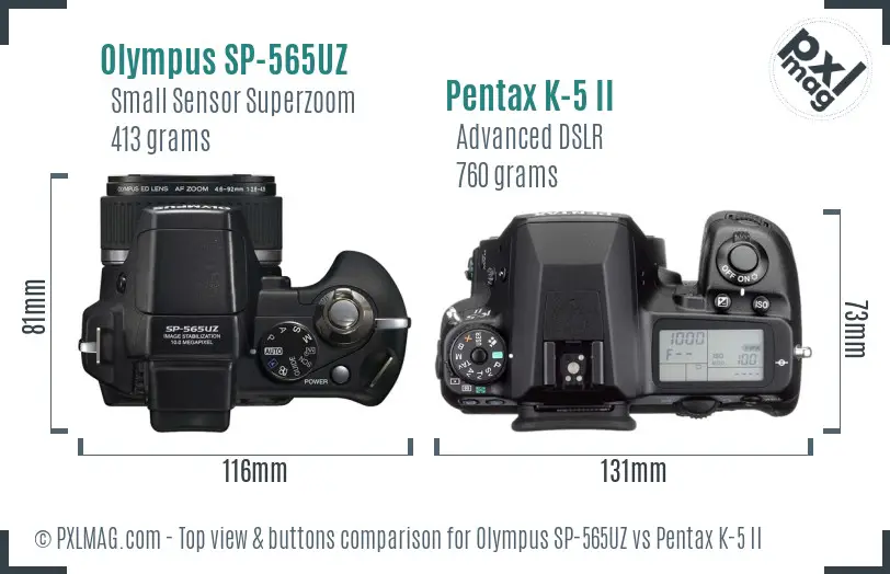 Olympus SP-565UZ vs Pentax K-5 II top view buttons comparison