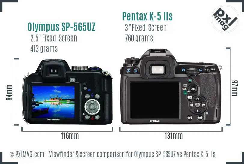 Olympus SP-565UZ vs Pentax K-5 IIs Screen and Viewfinder comparison
