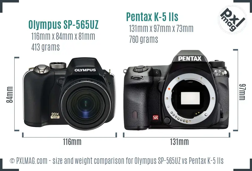 Olympus SP-565UZ vs Pentax K-5 IIs size comparison