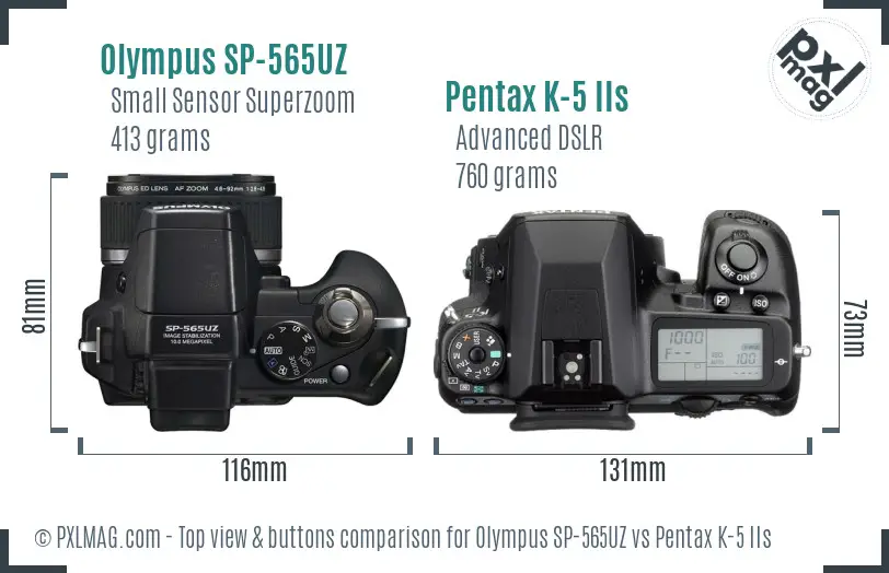 Olympus SP-565UZ vs Pentax K-5 IIs top view buttons comparison
