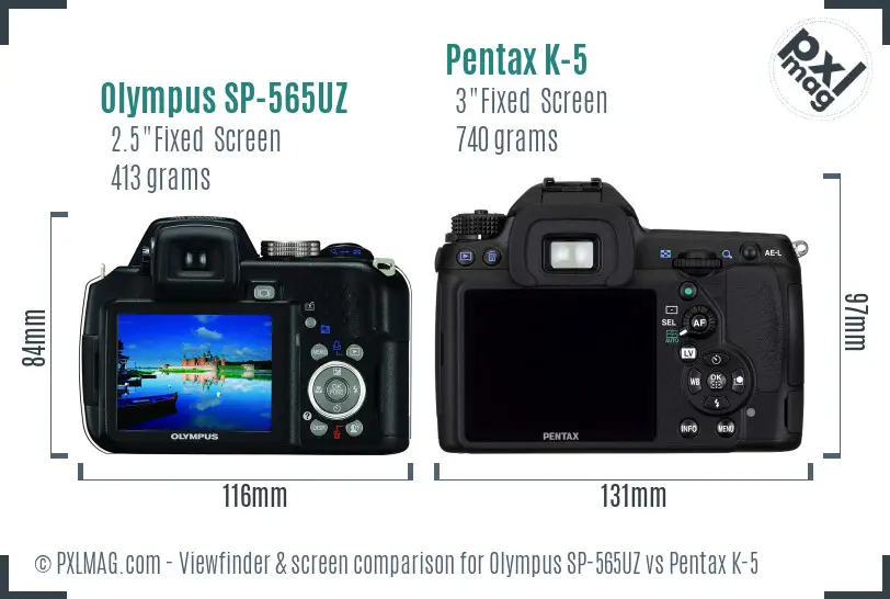 Olympus SP-565UZ vs Pentax K-5 Screen and Viewfinder comparison