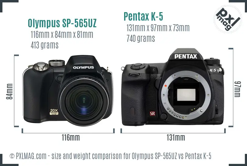 Olympus SP-565UZ vs Pentax K-5 size comparison
