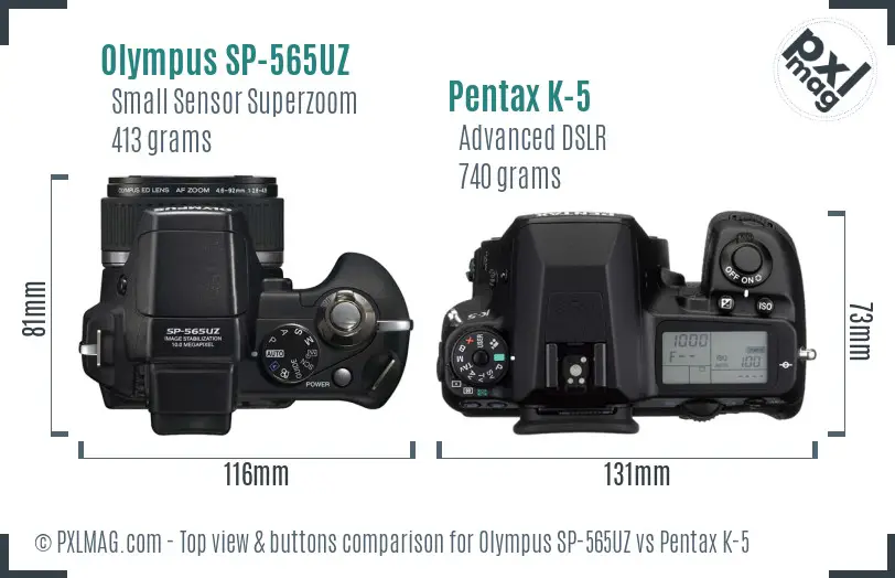 Olympus SP-565UZ vs Pentax K-5 top view buttons comparison