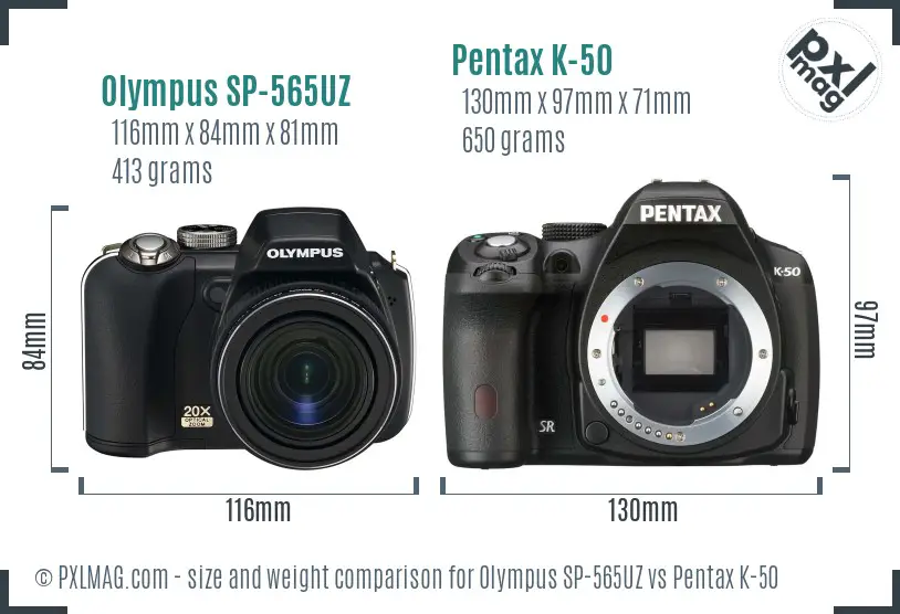 Olympus SP-565UZ vs Pentax K-50 size comparison