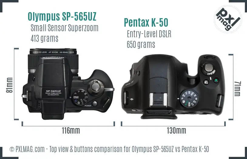 Olympus SP-565UZ vs Pentax K-50 top view buttons comparison